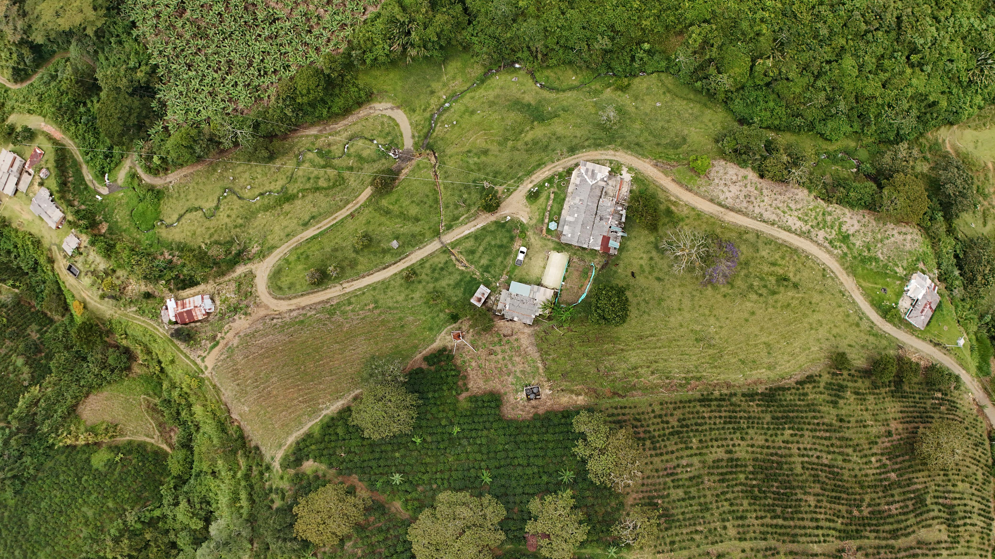 Vista aérea de la finca cafetera